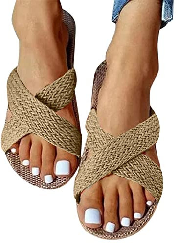 Dasongff Tong Plates Simple Jaune en Paille Femme Été Bande Croisée Sandales Corde Femme Été Nu Pied Femmes Plage Piscine Élégant Espadrilles Tong Sandale Ado Fille Bout Ouvert Slip-on Mode