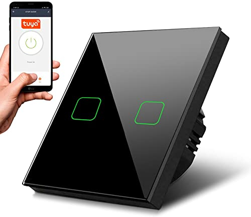 Maclean MCE717B Interruttore Touch della luce Intelligente, compatible con Tuya Interruttore da parete, Retroilluminazione LED, 85 x 85 mm (Doppio Quadrato, Nero)