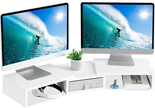 TEAMIX White Dual Monitor Stand Riser with Drawer - Length and Angle Adjustable Double Corner Desk Shelf Organizer 37 inch Long for 2 Laptop/PC/Screen/TV