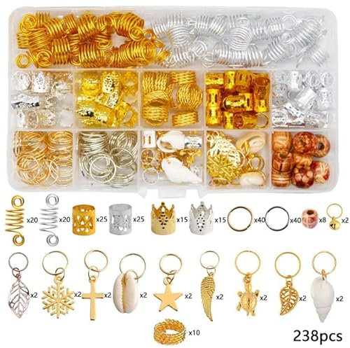 Suchkawe 238pc Hair Jewelry for Braids & Dreadlocks - Metal Gold & Silver Hair Beads & Cuffs