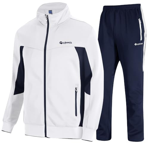 TBMPOY Men's Tracksuits Sweatsuits for Men Set Track Suits 2 Piece Casual Athletic Jogging Warm Up Full Zip Sweat Suits White/Dark Blue L