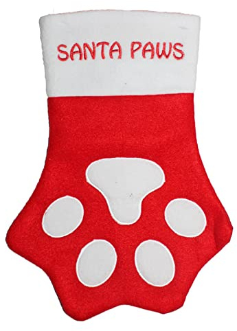 PMS Santa Paws Christmas Pet Paw Print Stocking - Festive Red and White Fleece Decoration, Adorable Design for Hanging Pet Socks During Holidays and Christmas Festivities