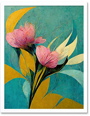 Wee Blue Coo Abstract Teal Pink Mustard Flower Floral Painting Art Print Framed Poster Wall Decor 12x16 inch
