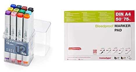 COPIC Classic Marker Basis Set mit 12 Farben, professionelle Layoutmarker, alkoholbasiert, im praktischen Acryl-Display zur Aufbewahrung und einfachen Entnahme & Marker Pad, Layoutpapier, extrem weiß
