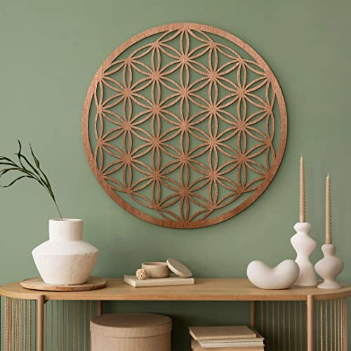 K&L Wall Art Blume des Lebens Holzbild Lebensblume Wandbild aus Holz Wohnzimmer Bilder Feng Shui Deko geometrisch modern (Mahagoni Furnier Ø70cm)