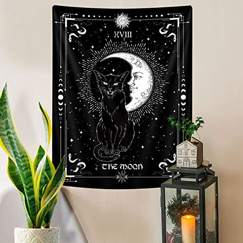 Gothic schwarze Katze vertikaler Wandteppich, hexige schwarze und weiße Tarotkarte, Flügelmaus Katze, cooler Wandteppich für Männer, Mondphasen, ästhetische Anime, Hexerei, Poster, 101.6x152.4 cm
