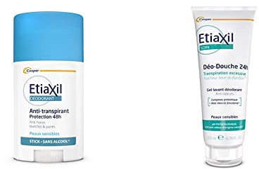 ETIAXIL - Anti-transpirant - Transpiration Modérée - Protection 48h - Aisselles - Adapté aux peaux sensibles - Stick - 40 ml & Déo-Douche - Gel Douche Transpiration Excessive - Corps - 200 ml