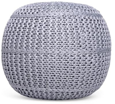 BIRDROCK HOME Round Pouf Foot Stool Ottoman - Knit Bean Bag Floor Chair - Cotton Braided Cord - Great for The Living Room, Bedroom and Kids Room - Small Furniture (Soft Silver)