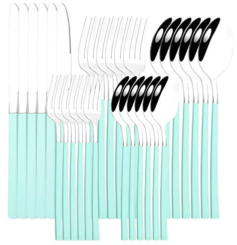 Juego De Vajilla De 30 Uds, Juego De Cubiertos De Acero Inoxidable, Cuchillo, Postre, Tenedor, Cuchara, Juego De Vajilla,Plata Verde Menta