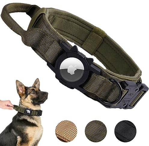 Obyllato Taktisches Hundehalsband Mit Apple AirTag Halterung und Griff - Verstellbares GPS-Halsband für Mittelgroße Hunde, Militärisch, Grün, L