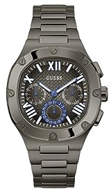 Guess Herren-Armbanduhr, 42 mm, schwarzes Armband, Gunmetal Zifferblatt, silberfarbenes Gehäuse