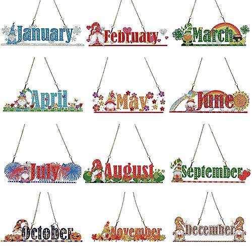 Demiawaking 5D DIY Diamond Painting Girlande Kranz Diamant Painting Monate Anhänger Kits mit Kette, Diamantmalerei Kalender Handwerk Tür Fenster Deko Geschenke (12Pcs(Januar-Dezember))