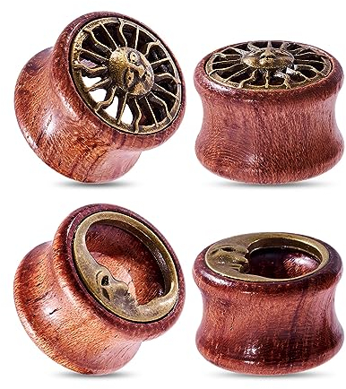 Longbeauty 4 Stück Holz Ohr Tunnel Plugs 8mm-16mm Sonne Mond Flesh Tunnels Ohrplugs Ohrdehner Plug Vintage Punk Double Flared Piercing Expander Stretcher, 10MM
