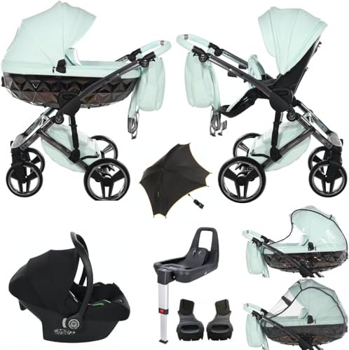Original Junama Diamond Hand Craft Modulare Systeme Kombikinderwagen 2in1 3in1 4in1 + Original Zubehör Exclusive Prams (4in1 (mit ISOFIX Basis), 01 Pistazie)