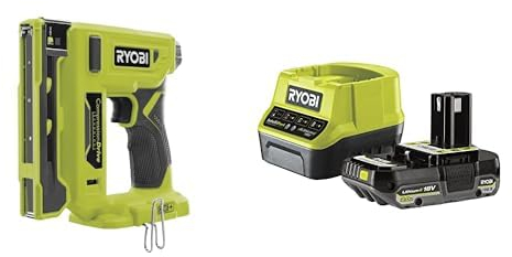 Ryobi - Agrafeuse 18V - agrafes dos 9,4 mm, longueur 6,35 mm à 14,3 mm - chargeur 90 agrafes - Livrée avec agrafes et crochet de maintien - 1 batterie 2Ah et 1 chargeur rapide