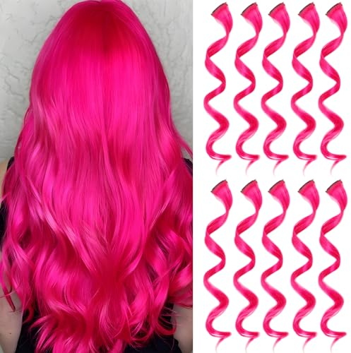Olldag 10 Stück Heißes Rosa HaarverläNgerungen, Lockige Gewellte Synthetische Haarteile Clip in Regenbogen Neon Party Highlights, Bunte Haare ZubehöR für Kinder MäDchen Frauen 17 Zoll