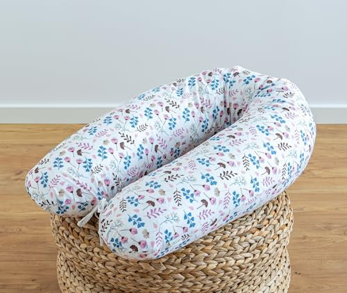 LOOLAY Schwangerschaftskissen - Stillkissen 170 cm - Seitenschläferkissen 100% Baumwolle - mit Abnehmbarem Bezug - Schwanger Kissen für Schlafen (Blumen Rosa)