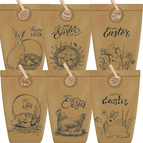 Geschenktüten Ostern,12 Stück Ostertüten Schwarz Bedruckte Tüten Ostern mit Hasen, Ostereiern und Frohe Ostern, Osternest zum Basteln und Verschenken, DIY Papiertüten zum Befüllen