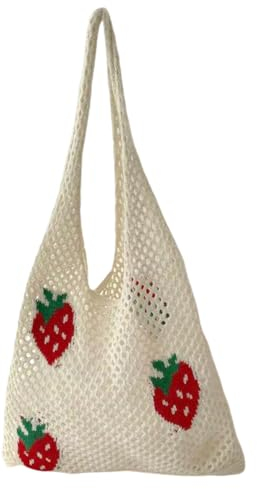 Fiorky Umhängetasche for Damen, großes Fassungsvermögen, stilvolle Erdbeer-Kirsch-Muster, Häkeltasche, lässige Handtasche, niedliche All-Match-Tasche for den täglichen Gebrauch im Büro, Stri