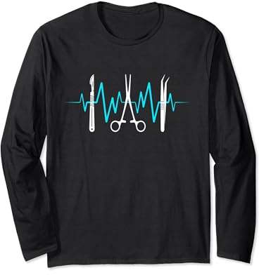 Surgical Scalpel Tweezer Scissor Surgeon Heartbeat EKG Long Sleeve T-Shirt