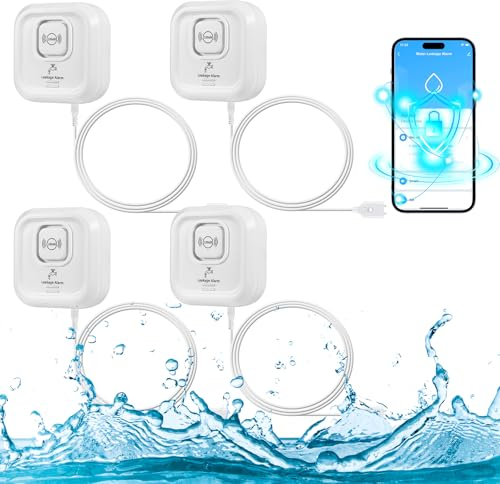 Wassermelder, WLAN 100 dB Lauter Wassersensor, Wassermelder mit Smart Life App Fernbedienung, Wasseralarm für Küche, Keller und Bad 4 Pack