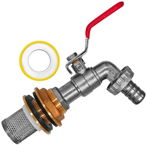 Regen Tonnen Durchführung + 2 Dichtungen für Loch Durchmesser 34 mm + Edelstahl Filter + Auslauf Hahn 3/4 Zoll AG Außengewinde + Schlauch Tülle Außendurcmesser 20 mm + Rolle Teflon Dichtband