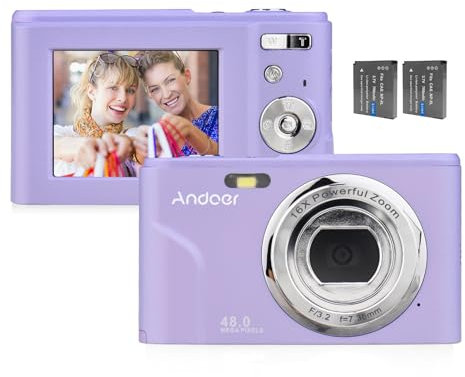Andoer Portable Digital Camera 48MP 1080P 2.4-inch IPS Screen 16X Zoom Auto Focus Self-Timer 128GB Extended Memory Face Detection Anti-shaking with 2pcs Batteries Hand Strap Carry Pouch