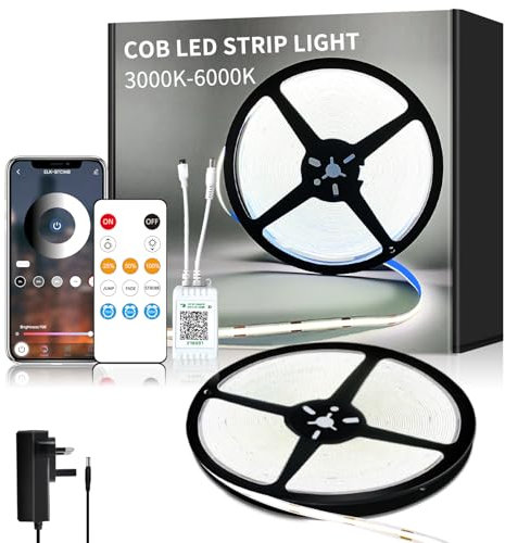 Yeewhale COB LED Strip Lights 6000K 10M 24V Dimmable White LED Strip Kit, with Remote and app Control Adhesive and UKCA Power Supply LED Tape Lights,for DIY Home Decoration