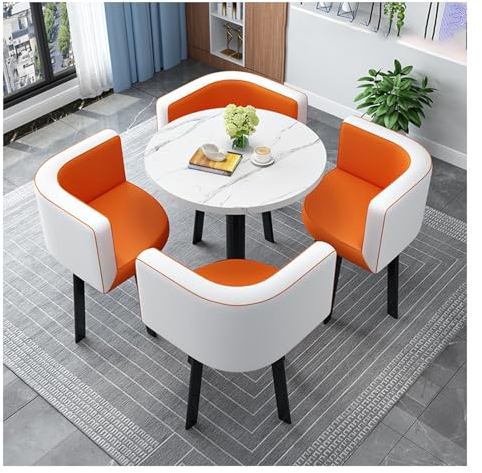 Runder Esstisch Mit 4 Stühlen Set, Esstisch Set, Besprechungstisch Mit Stühlen, Küche Esstisch Set Für 4, Kompakter Küchentisch Und Stühle, Empfangstisch, Frühstücksecke, Bartisch, Essecke(Orange,60x6