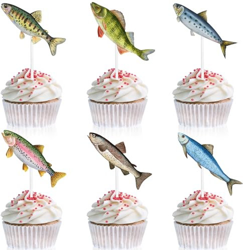 18-Pcs Glitter Bass Fish Themed Fisherman Happy Birthday Trout Cupcake Toppers Set - Fishing Theme Party, Baby Shower Party, Birthday Party Decoration Supplies - LIANGSS (2)