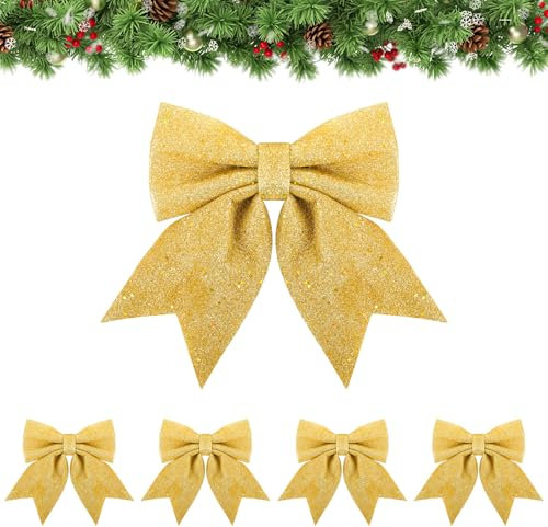 Wolkstello Fiocchi Albero di Natale Oro, 5 Pezzi Grande Fiocchi Natalizi, Fiocchi Natalizi Glitterati, Fiocco Natalizio per Albero di Natale Ghirlanda Scatole Regalo Matrimonio