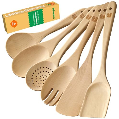 Riveira Maple Wooden Cooking Utensils Set of 6 Premium Quality Non-Toxic Wooden Spoons and Spatula for Cooking