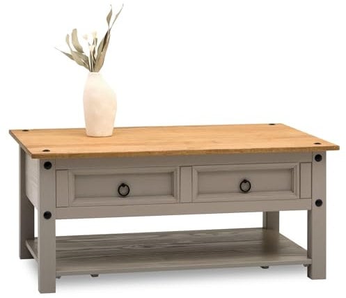 IDIMEX Couchtisch Ramon mit 2 Schubladen grau/braun - Sofatisch aus Kiefer Massivholz, Wohnzimmertisch mit Stauraum und hochwertiger Tischplatte