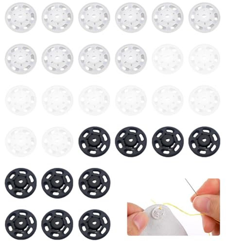 IKOPFLN 30 Set 21mm Druckknöpfe zum Annähen Große Metall Druckknöpfe Schwarz Weiß Transparent Druckknopf zum Nähen von Kleidung, Kleidern Rucksäcken DIY-Geldbörsen Kunsthandwerk