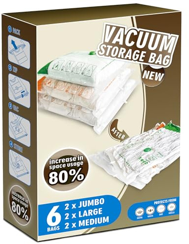 STORAGE MASTER Space Saver Bags for Travel and Home Reusable Vacuum Storage Bags Save 80% More Storage Space Work with Vacuum Cleaner, 6 Pack, Mixed Sizes, No Pump