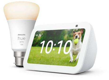 Echo Show 5 (Newest gen), White + Philips Hue White Smart Light Bulb LED (B22), with Alexa+ Early Access