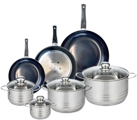 ELO 9743050 Batterie de cuisine 7 pièces, Ensemble de 3 Poêles de cuisson 20, 24 et 28 cm et 4 faitouts 12, 14, 20 et 24 cm Elo Prima Brillant, inox, induction
