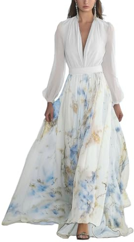 Minetom Donna Vestiti Lunghi da Matrimonio Elegante Collo V Vestito A Pieghe Stampa Floreale Chiffon Abito Maxi Damigella Sera Cerimonia