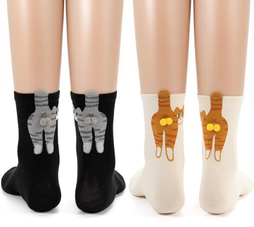 Chaussettes Chat avec Boules, 4 Paires Chaussettes en Coton avec Boules en Peluche 3D, Fantaisie Animaux pour Femmes, Cadeaux pour Amoureuses des Chats
