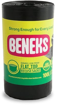 BENEKS 100L Heavy Duty Black Bin Bags – Extra Strong Large Refuse Sacks – Flat Top, Tear-Resistant – 50 Bags per Roll – Size 75 x 100 cm – Ideal for Garden, Home & Commercial Waste
