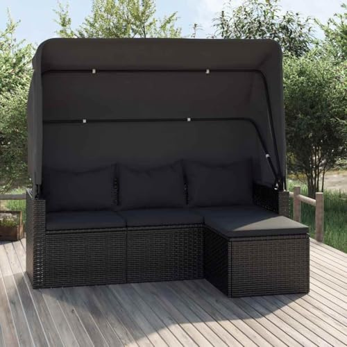 HaoChrymec 3-Sitzer-Gartensofa mit Dach und Fußhocker Schwarz Poly Rattan, Outdoor Lounge Möbel Set, Flexibles Falt-Dach, Komfortable Sitzkissen, Balkon Sofa, Garten Sofas, 178 x 64 x 151,5 cm