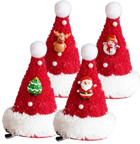 Toyvian 4 Stück Kinder Weihnachtsmützen Haarspangen aus Plüsch Weihnachtlicher Haarschmuck für Mädchen Leichte Party Haarnadeln mit Weihnachtsmann Schneemann Rentier Weihnachtsbaum Design