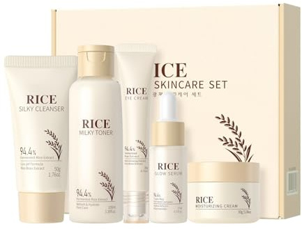 5 Stück Reis Skincare Set, Skincare Set für Damen, Rice Gesichtspflege Set mit Feuchtigkeitscreme,Serum,Toner,Augencreme,Cleanser, Anti-Aging Geschenkset für Frauen, Feuchtigkeit & Beruhigende Pflege