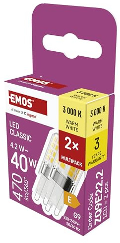 EMOS - G9 LED Lampe CLASSIC, 2er Pack - 4,2 Watt ersetzt 40 Watt Halogenlampe - G9 Pin Lampe JC mit Helligkeit 470 Lumen - Warmweiß 3000 Kelvin - langlebig 30000 h - 300° Abstrahlwinkel - SMD LEDs