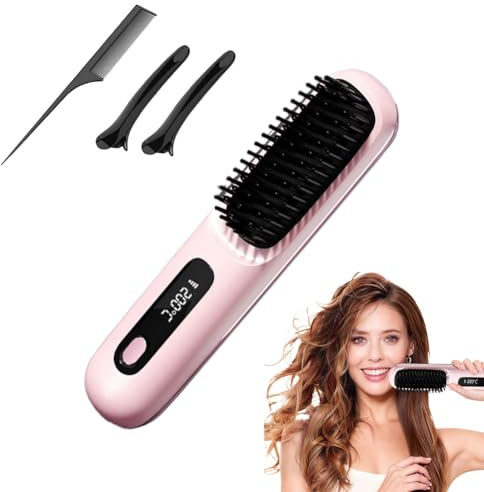 Brosse à Cheveux électrique, Brosse lissante sans fil, Rechargeable Brosse Chauffante pour Femmes et Hommes sans fil avec affichage LED - 3 Niveaux de Température - Pour lisser et Boucler (Rose)