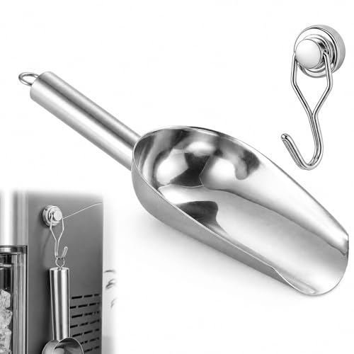 Edelstahl Eisschaufel mit Magnetischer Halterung 240ml, Halloween Schaufel | Dosierlöffel für Eis, Zucker, Mehl & Gewürze, Küchenzubehör mit Metall Haken, für Bar, Küche, Büfett, Party, Feiern, Silber