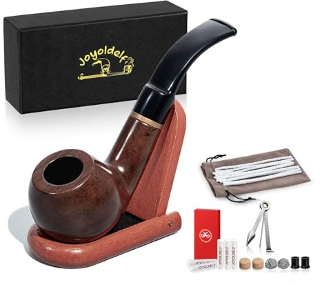 Joyoldelf Wooden Tobacco Smoking Pipe Set Bent Ebony Smoking Pipe with Pipe Stand Holder, Smoking Accessories & Wrapped with Gift Box