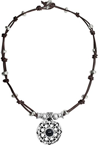 Beau Soleil Jewelry Lederkette Damen mit Anhänger Sonne Onyx 45 Zentimeter