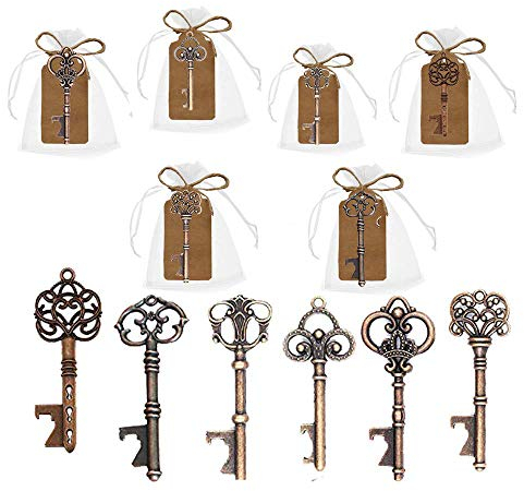 Amajoy 30 Sets (6 estilos) Abridores de llaves de esqueleto surtidos vintage con bolso Sheer White Bag para decorar regalos de cumpleaños antiguos, cobre