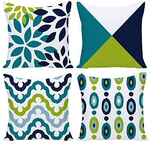 Wilproo Decorative Green Blue Abstract Throw Pillow Covers 18 x 18 Inch Set of 4, Geometric Cotton Linen Outdoor Cushion Cover Square Pillowcase for Car Sofa Couch Home Decor